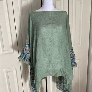 Vintage Green Poncho with Patterned Sleeves